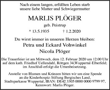 Traueranzeige von Marlis Plöger von trauer.wuppertaler-rundschau.de