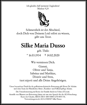Traueranzeige von Silke Maria Dusso von trauer.wuppertaler-rundschau.de
