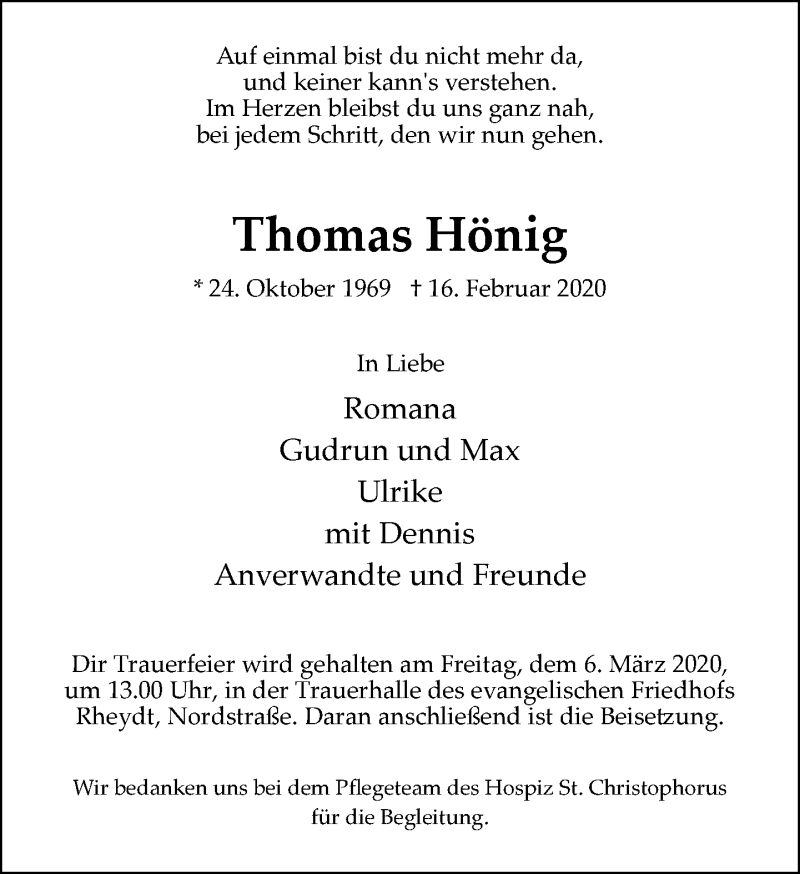  Traueranzeige für Thomas Hönig vom 01.03.2020 aus trauer.extra-tipp-moenchengladbach.de