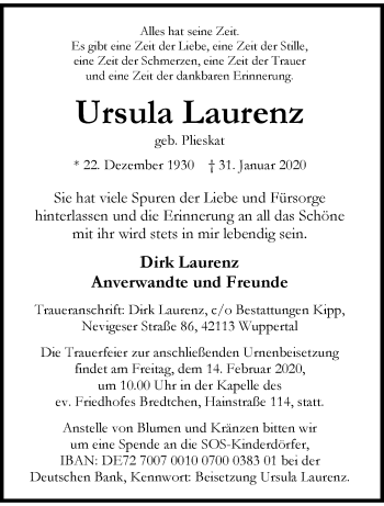 Traueranzeige von Ursula Laurenz von trauer.wuppertaler-rundschau.de