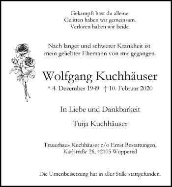 Traueranzeige von Wolfgang Kuchhäuser von trauer.wuppertaler-rundschau.de