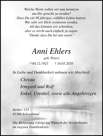 Traueranzeige von Anni Ehlers von trauer.extra-tipp-moenchengladbach.de