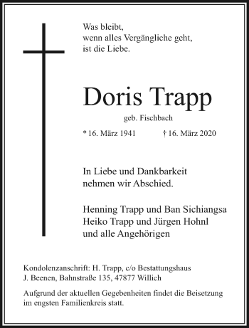 Traueranzeige von Doris Trapp von trauer.extra-tipp-moenchengladbach.de