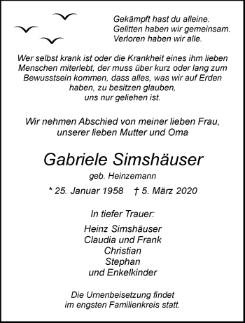 Traueranzeige von Gabriele Simshäuser von trauer.wuppertaler-rundschau.de