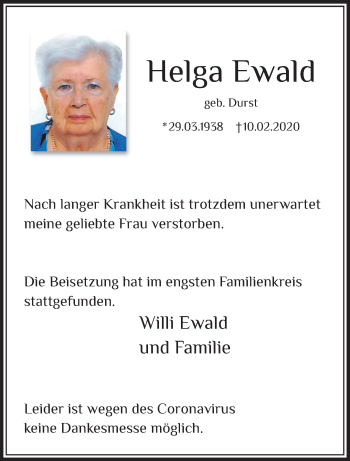 Traueranzeige von Helga Ewald von trauer.extra-tipp-moenchengladbach.de