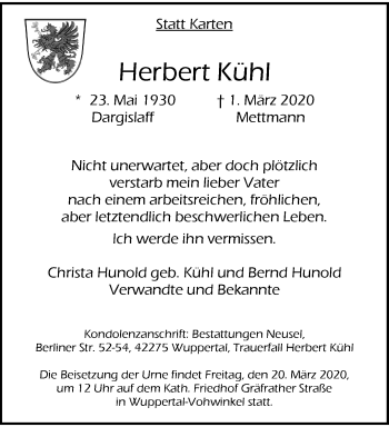 Traueranzeige von Herbert Kühl von trauer.wuppertaler-rundschau.de