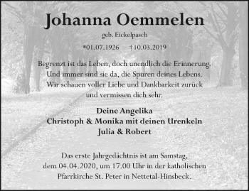 Traueranzeige von Johanna Oemmelen von trauer.extra-tipp-moenchengladbach.de