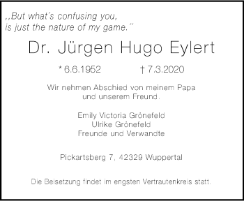 Traueranzeige von Jürgen Hugo Eylert von trauer.wuppertaler-rundschau.de