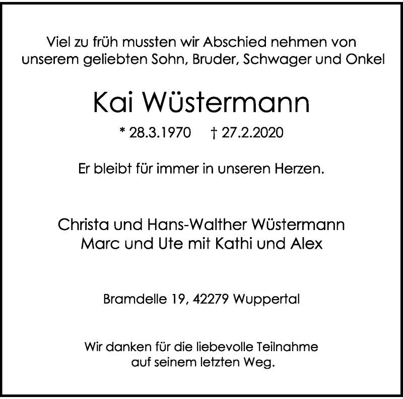  Traueranzeige für Kai Wüstermann vom 21.03.2020 aus trauer.wuppertaler-rundschau.de