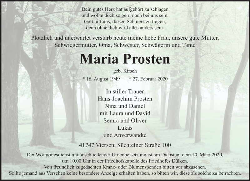  Traueranzeige für Maria Prosten vom 08.03.2020 aus trauer.extra-tipp-moenchengladbach.de