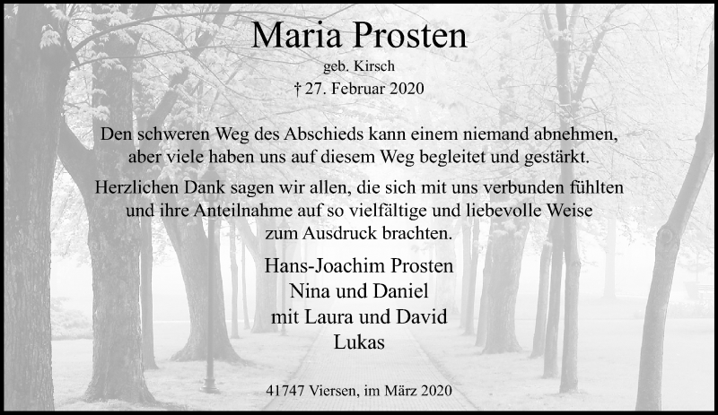  Traueranzeige für Maria Prosten vom 29.03.2020 aus trauer.extra-tipp-moenchengladbach.de