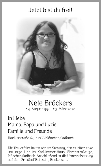 Traueranzeige von Nele Bröckers von trauer.extra-tipp-moenchengladbach.de