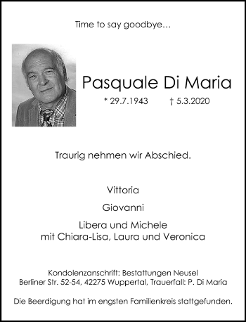 Traueranzeige von Pasquale Di Maria von trauer.wuppertaler-rundschau.de