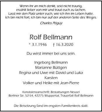 Traueranzeige von Rolf Bellmann von trauer.wuppertaler-rundschau.de