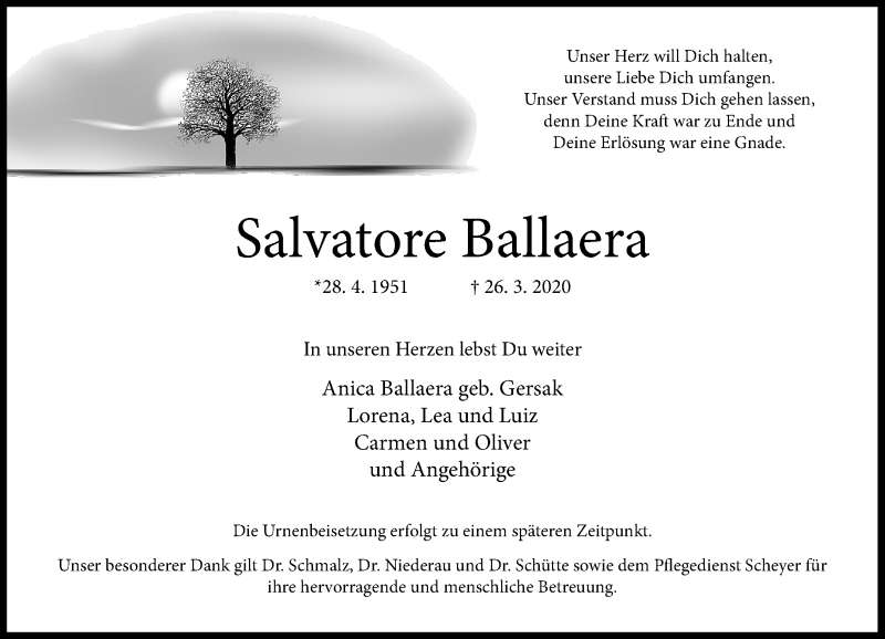 Traueranzeige für Salvatore Ballaera vom 04.04.2020 aus trauer.wuppertaler-rundschau.de