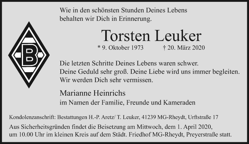  Traueranzeige für Torsten Leuker vom 29.03.2020 aus trauer.extra-tipp-moenchengladbach.de
