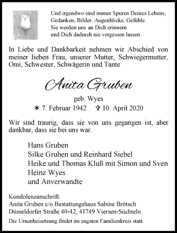 Traueranzeige von Anita Gruben von trauer.extra-tipp-moenchengladbach.de