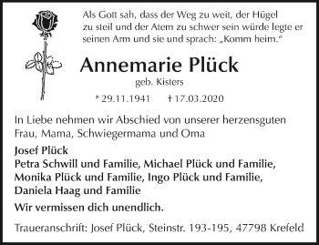 Traueranzeige von Annemarie Plück von trauer.mein.krefeld.de