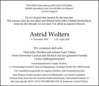 Traueranzeige von Astrid Wolters von trauer.mein.krefeld.de
