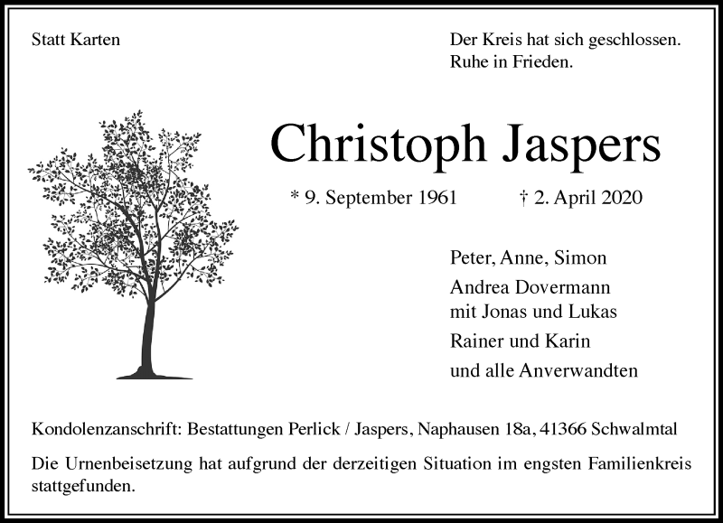  Traueranzeige für Christoph Jaspers vom 12.04.2020 aus trauer.extra-tipp-moenchengladbach.de