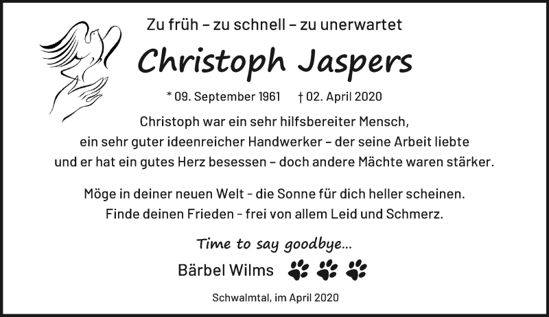  Traueranzeige für Christoph Jaspers vom 19.04.2020 aus trauer.extra-tipp-moenchengladbach.de