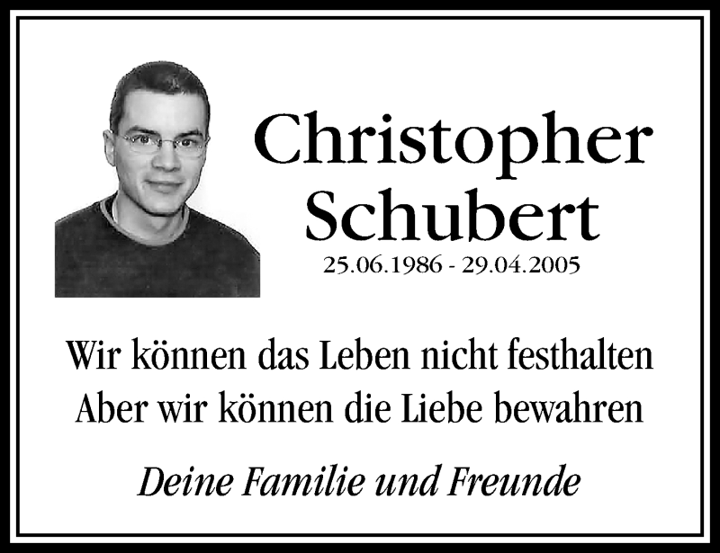  Traueranzeige für Christopher Schubert vom 26.04.2020 aus trauer.extra-tipp-moenchengladbach.de