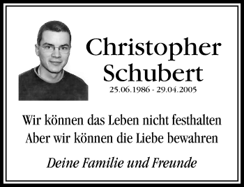 Traueranzeige von Christopher Schubert von trauer.extra-tipp-moenchengladbach.de