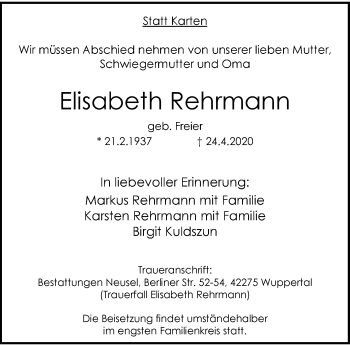 Traueranzeige von Elisabeth Rehrmann von trauer.wuppertaler-rundschau.de