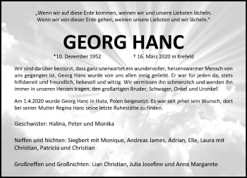 Traueranzeige von Georg Hanc von trauer.mein.krefeld.de