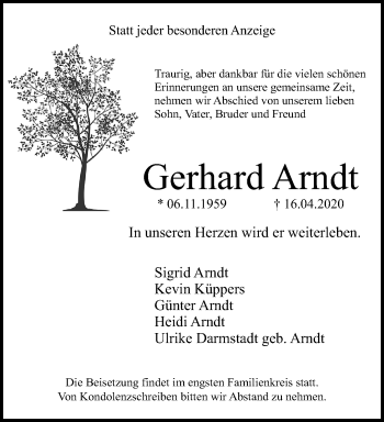 Traueranzeige von Gerhard Arndt von trauer.extra-tipp-moenchengladbach.de