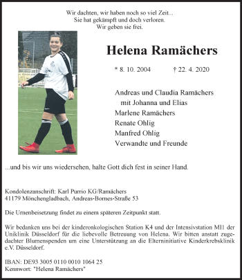 Traueranzeige von Helena Ramächers von trauer.extra-tipp-moenchengladbach.de