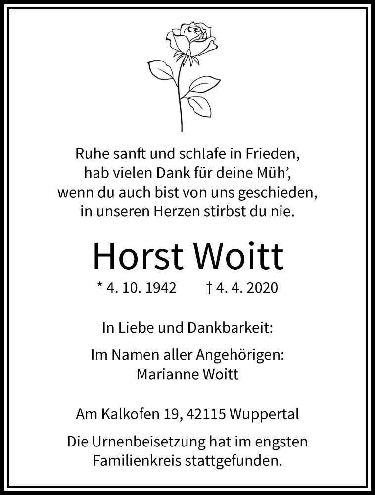  Traueranzeige für Horst Woitt vom 25.04.2020 aus trauer.wuppertaler-rundschau.de