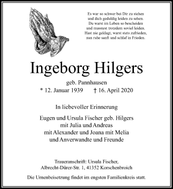 Traueranzeige von Ingeborg Hilgers von trauer.extra-tipp-moenchengladbach.de