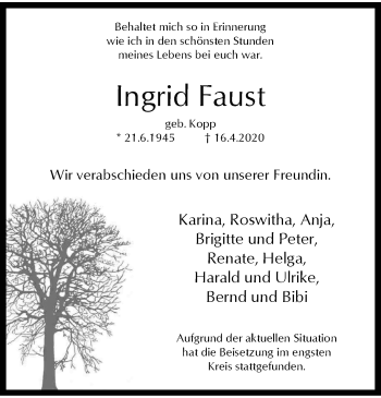 Traueranzeige von Ingrid Faust von trauer.wuppertaler-rundschau.de
