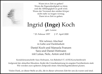 Traueranzeige von Ingrid  Koch von trauer.extra-tipp-moenchengladbach.de