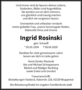 Traueranzeige von Ingrid Rosinski von trauer.wuppertaler-rundschau.de