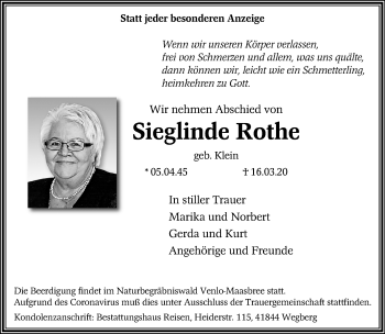 Traueranzeige von Sieglinde Rothe von trauer.mein.krefeld.de