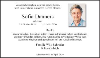 Traueranzeige von Sofia Danners von trauer.extra-tipp-moenchengladbach.de