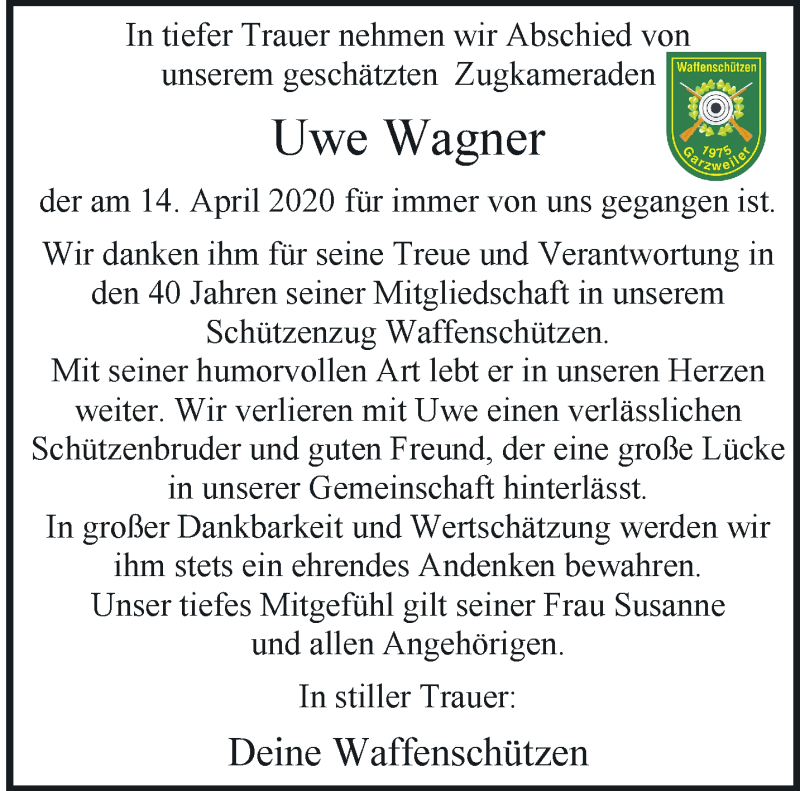  Traueranzeige für Uwe Wagner vom 22.04.2020 aus trauer.stadt-kurier.de