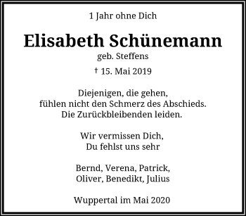Traueranzeige von Elisabeth Schünemann von trauer.wuppertaler-rundschau.de