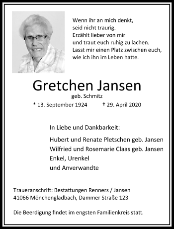 Traueranzeige von Gretchen Jansen von trauer.extra-tipp-moenchengladbach.de