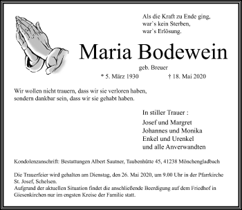 Traueranzeige von Maria Bodewein von trauer.extra-tipp-moenchengladbach.de