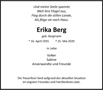 Traueranzeige von Erika Berg von trauer.wuppertaler-rundschau.de