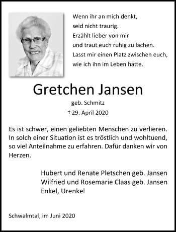 Traueranzeige von Gretchen Jansen von trauer.extra-tipp-moenchengladbach.de