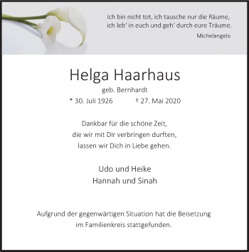 Traueranzeige von Helga Haarhaus von trauer.wuppertaler-rundschau.de