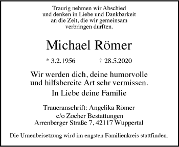 Traueranzeige von Michael Römer von trauer.wuppertaler-rundschau.de