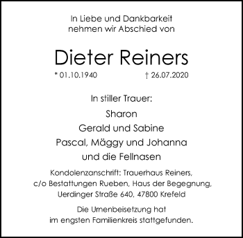 Traueranzeige von Dieter Reiners von trauer.mein.krefeld.de