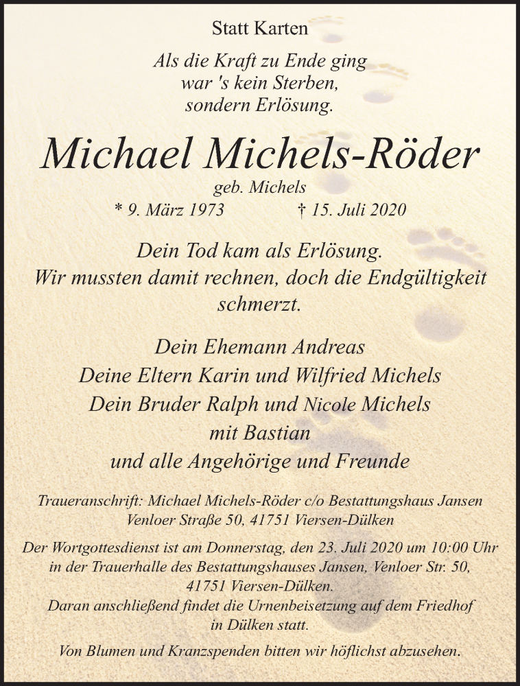  Traueranzeige für Michael Michels-Röder vom 19.07.2020 aus trauer.extra-tipp-moenchengladbach.de