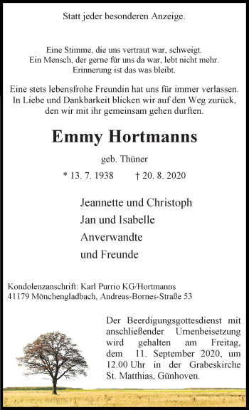 Traueranzeige von Emmy Hortmanns von trauer.extra-tipp-moenchengladbach.de