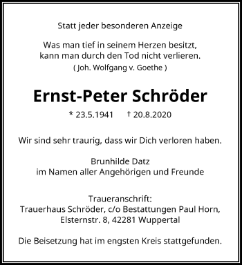 Traueranzeige von Ernst-Peter Schröder von trauer.wuppertaler-rundschau.de